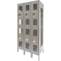 Vented Lockers, 2 -tier, Bank of 3, 36" x 18" x 78", Steel, Grey, Knocked Down, Perforated Maritime Industrial Rubber