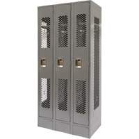 Vented Lockers, Bank of 3, 36" x 18" x 78", Steel, Grey, Knocked Down, Perforated Maritime Industrial Rubber