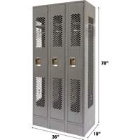 Vented Lockers, Bank of 3, 36" x 18" x 78", Steel, Grey, Knocked Down, Perforated Maritime Industrial Rubber
