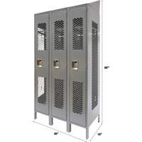 Vented Lockers, Bank of 3, 36" x 18" x 88", Steel, Grey, Knocked Down, Perforated Maritime Industrial Rubber