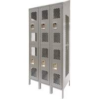 Vented Lockers, 2 -tier, Bank of 3, 36" x 18" x 88", Steel, Grey, Knocked Down, Perforated Maritime Industrial Rubber