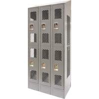 Vented Lockers, 2 -tier, Bank of 3, 36" x 18" x 88", Steel, Grey, Knocked Down, Perforated Maritime Industrial Rubber