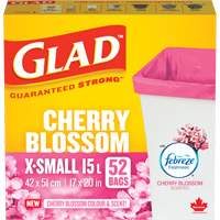 Glad&reg; Cherry Blossom Coloured & Scented Bags, Strong, 17" W x 20" L, Pink, 15 L (3.96 Gal.) Capacity Maritime Industrial Rubber