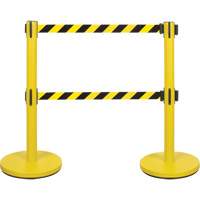 Barri&egrave;re pour le contr&ocirc;le des foules &agrave; courroie double, Acier, 35" h, Ruban Noir/Jaune, Longueur du ruban 7' Maritime Industrial Rubber