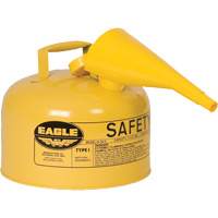 Bidon de s&eacute;curit&eacute; pour le diesel avec entonnoir, Type I, Acier galvanis&eacute;, 2,5 gal. US, Jaune, Homologu&eacute; FM/List&eacute; UL/ULC Maritime Industrial Rubber