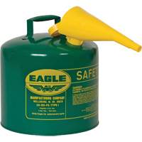 Bidon de s&eacute;curit&eacute; pour les combustibles avec entonnoir, Type I, Acier galvanis&eacute;, 5 gal. US, Vert, Homologu&eacute; FM/List&eacute; UL/ULC Maritime Industrial Rubber