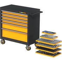 Jeu d'outils m&eacute;triques pour m&eacute;canicien MEGAMOD dans des plateaux en mousse modulaire avec armoire roulante &agrave; outils, 358 morcea Maritime Industrial Rubber