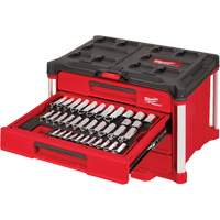 Ensemble de 242 pi&egrave;ces de douilles et cliquets m&eacute;triques et SAE 1/4", 3/8" et 1/2" avec boîte &agrave; outils PACKOUT &agrave; 4 tiroirs, 16-3/10" x 22-1/5" x 14-3/10", Noir/Rouge Maritime Industrial Rubber