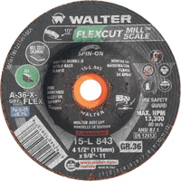 Meule FLEXCUT MILL SCALE, 4-1/2", 36 Grain, Oxyde d'aluminium, 5/8"-11, 13 300 Tr/min, Type 29 Maritime Industrial Rubber
